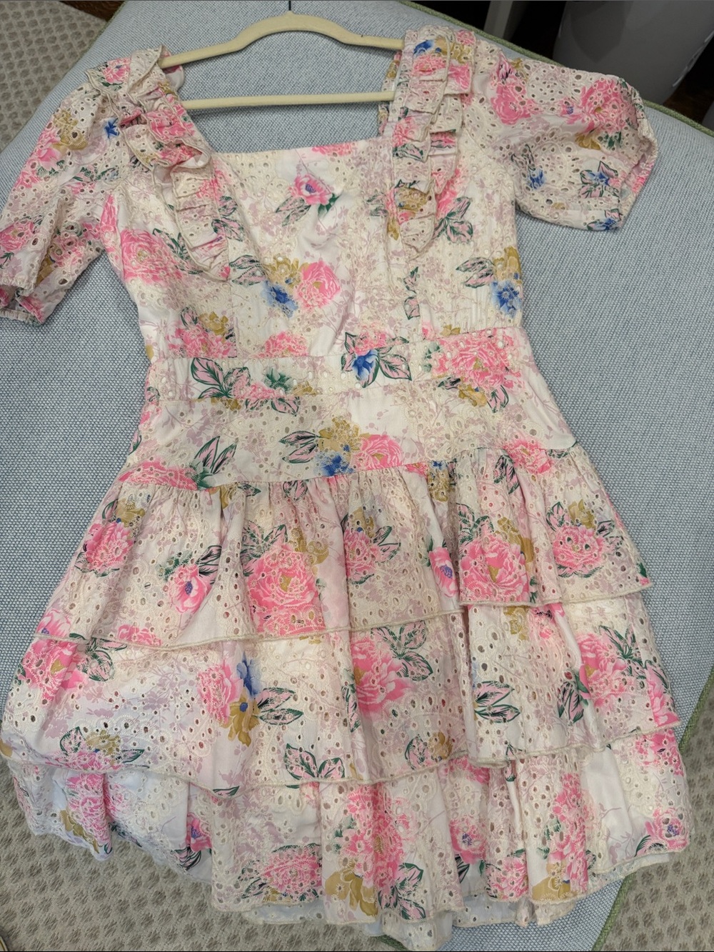 Floral Eyelet Ruffle Mini Dress - Pink & Cream